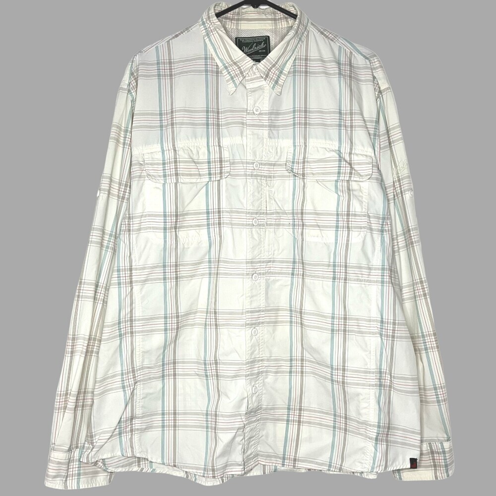 Woolrich Men Shirt XL White Nylon Plaid Roll Tab Long Sleeve Button Down Fishing